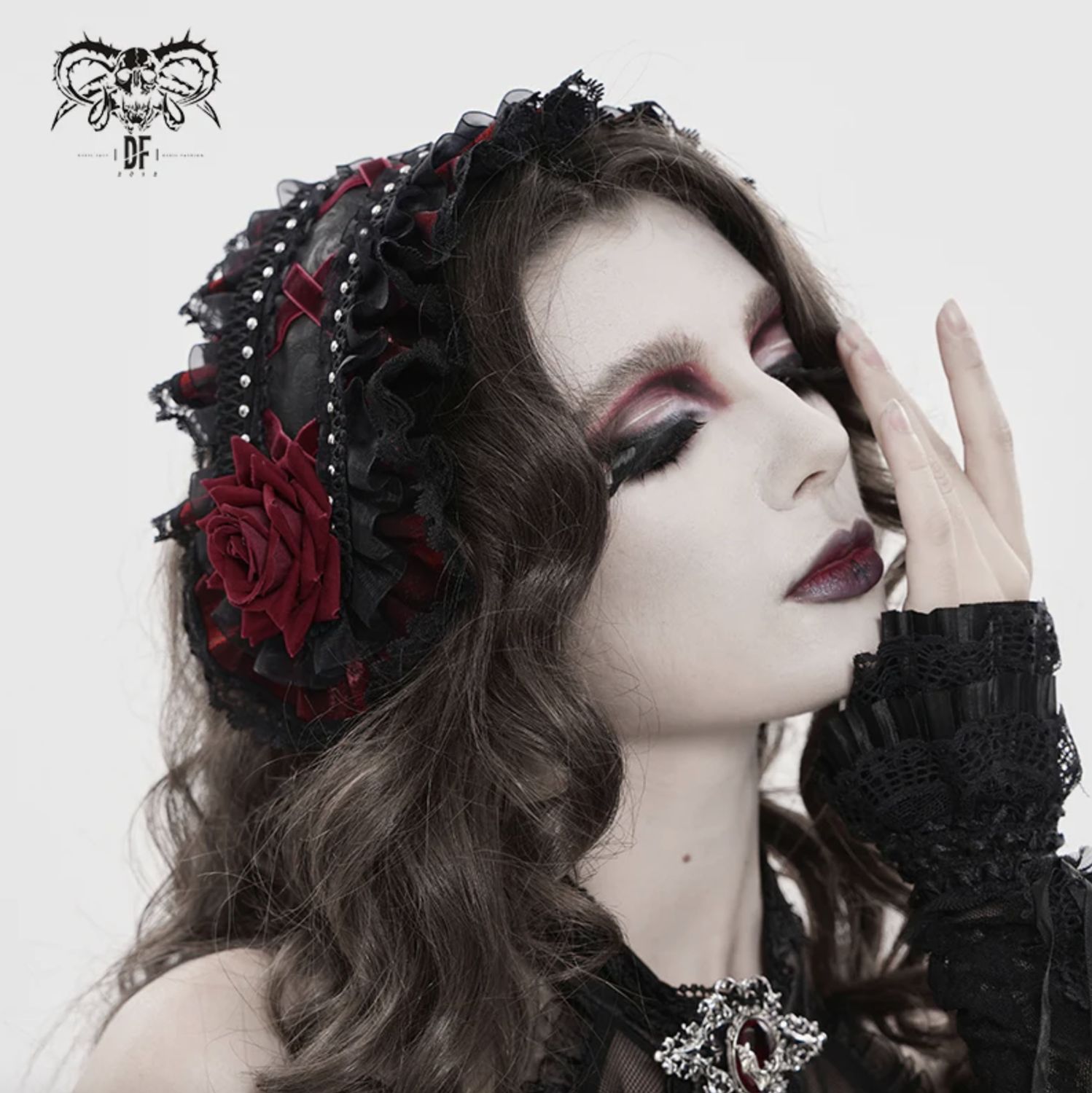 Headband with Black Lace and Red Roses AS27603
