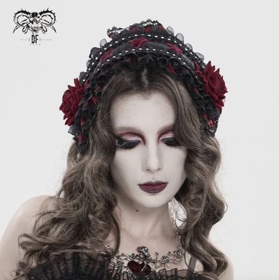 Headband with Black Lace and Red Roses AS27603