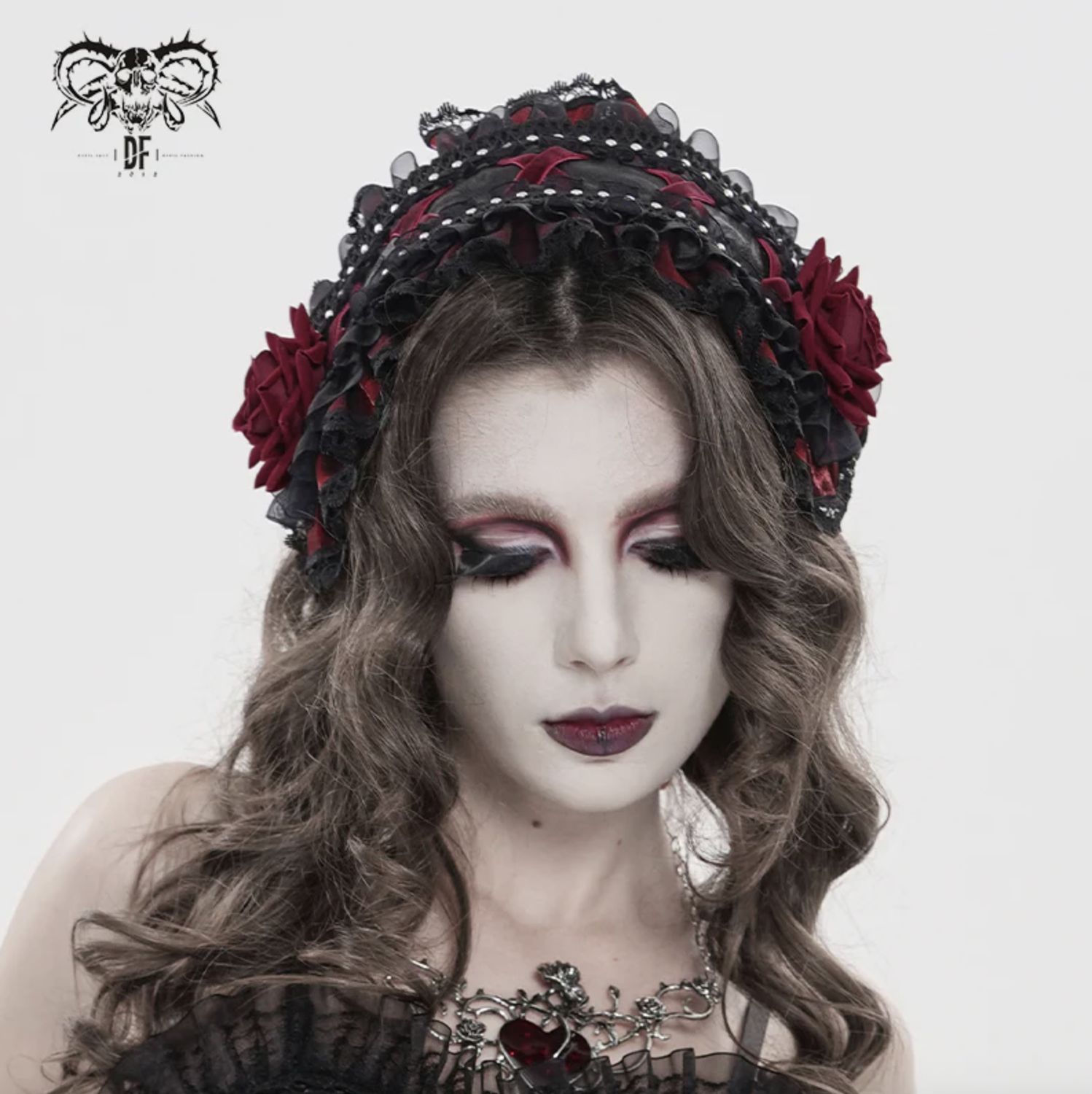 Headband with Black Lace and Red Roses AS27603