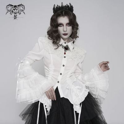 Blouse Rayée Blanche à Volants à Manches Évasées SHT159