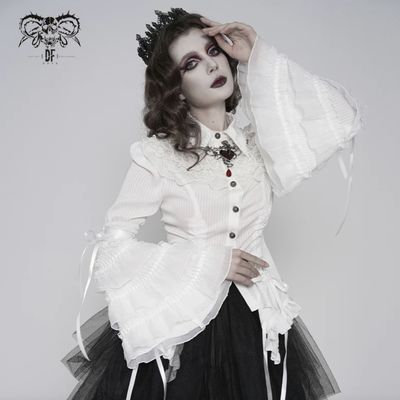 Blouse Rayée Blanche à Volants à Manches Évasées SHT159