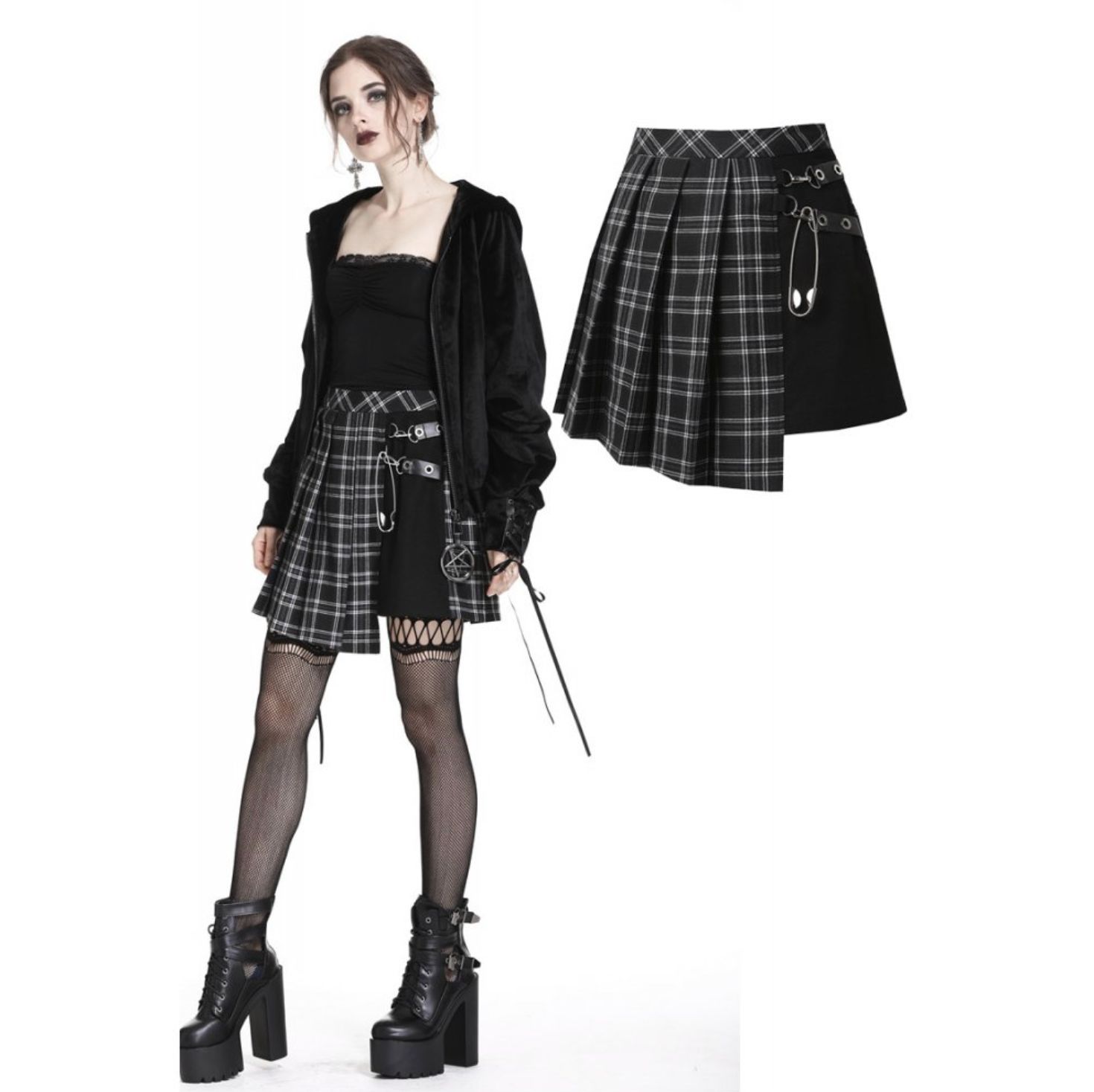 Black and White Tartan Asymmetrical Skirt KW135BK