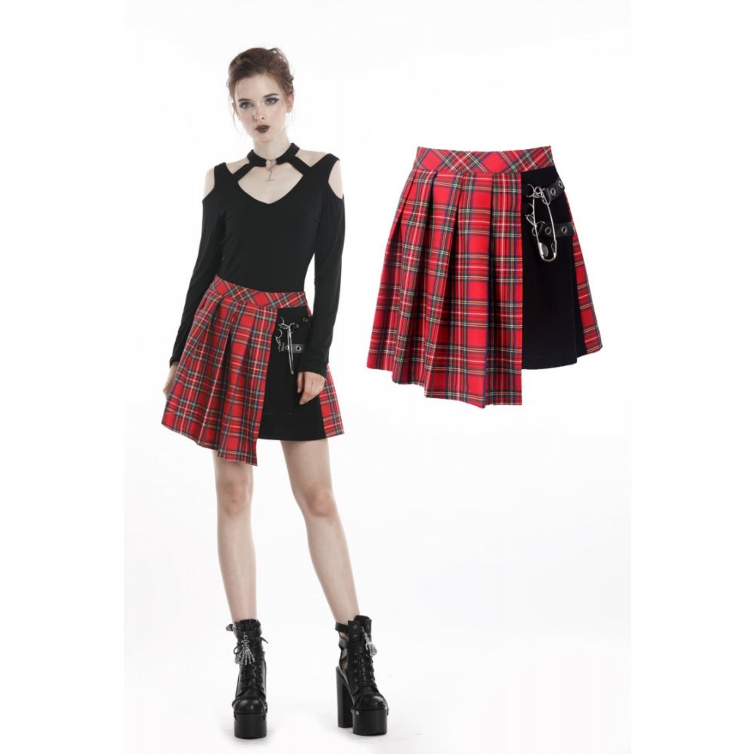 Red and Black Tartan Asymmetrical Skirt KW135RD