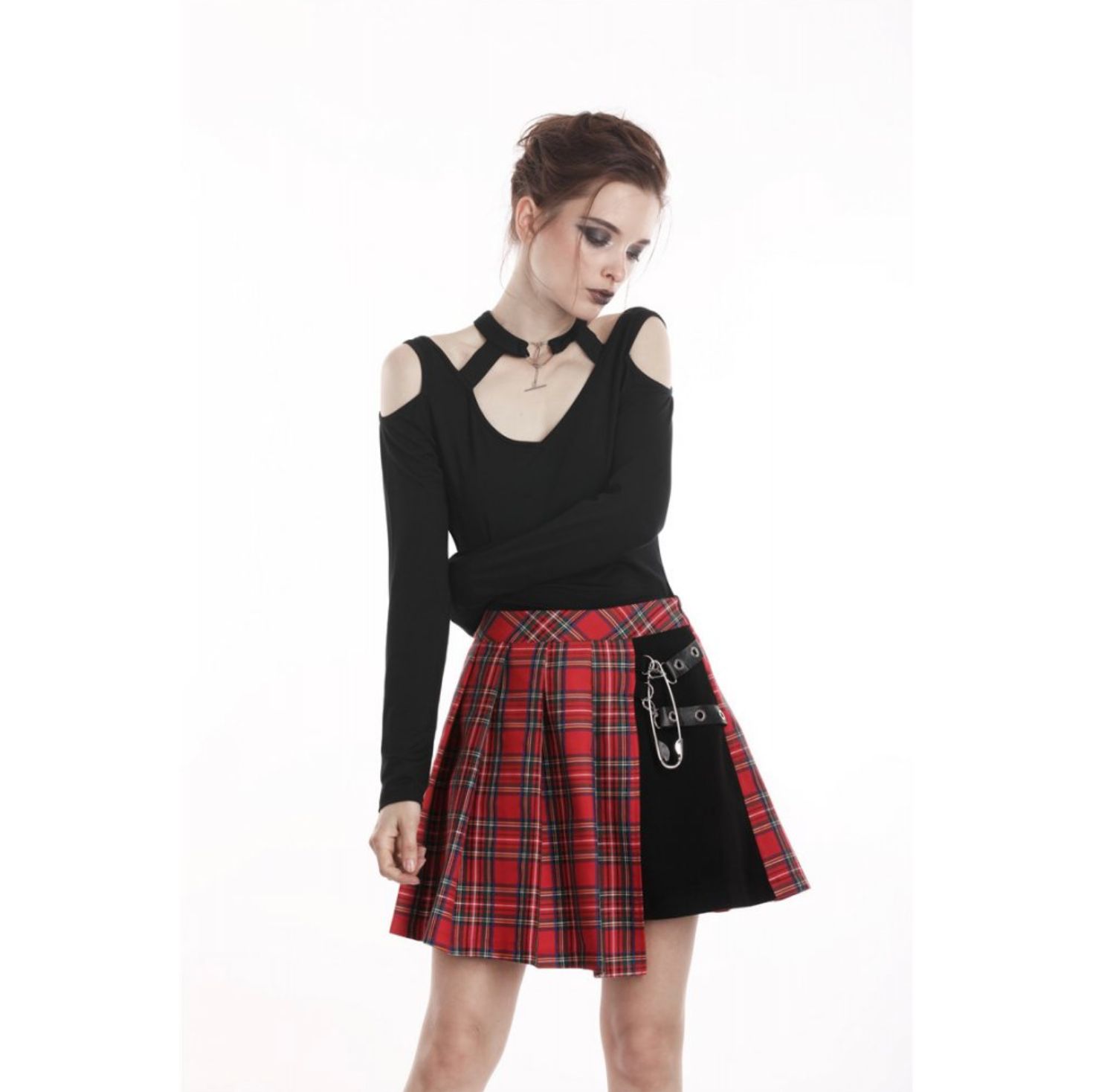 Red and Black Tartan Asymmetrical Skirt KW135RD