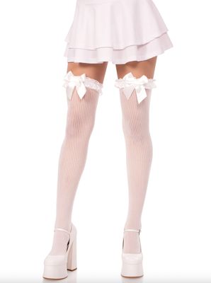 Bas Montants Rayés en Dentelle avec Jarretière et Nœud en Satin / LA6229WH [BLANC]