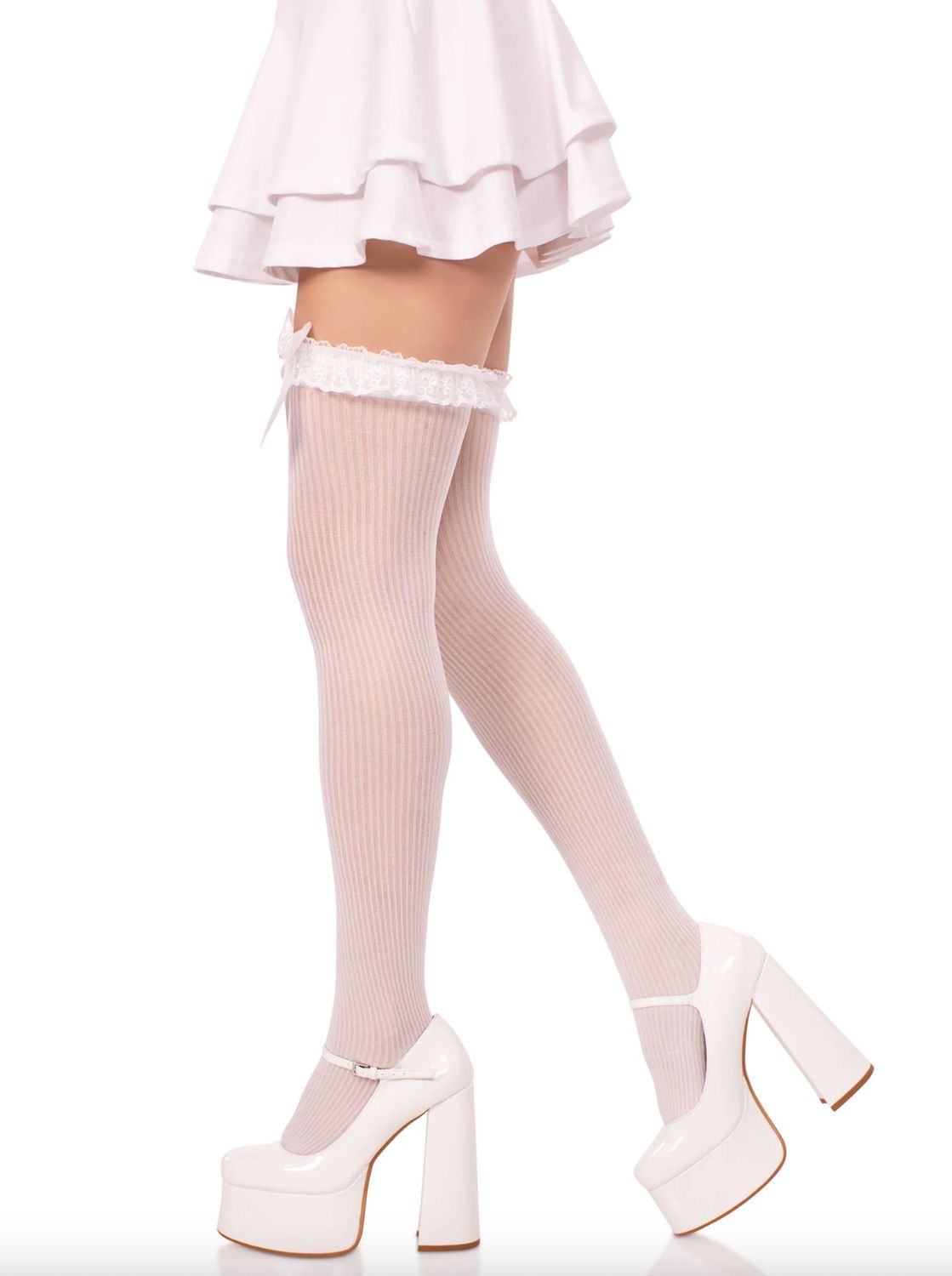 Bas Montants Rayés en Dentelle avec Jarretière et Nœud en Satin / LA6229WH [BLANC]