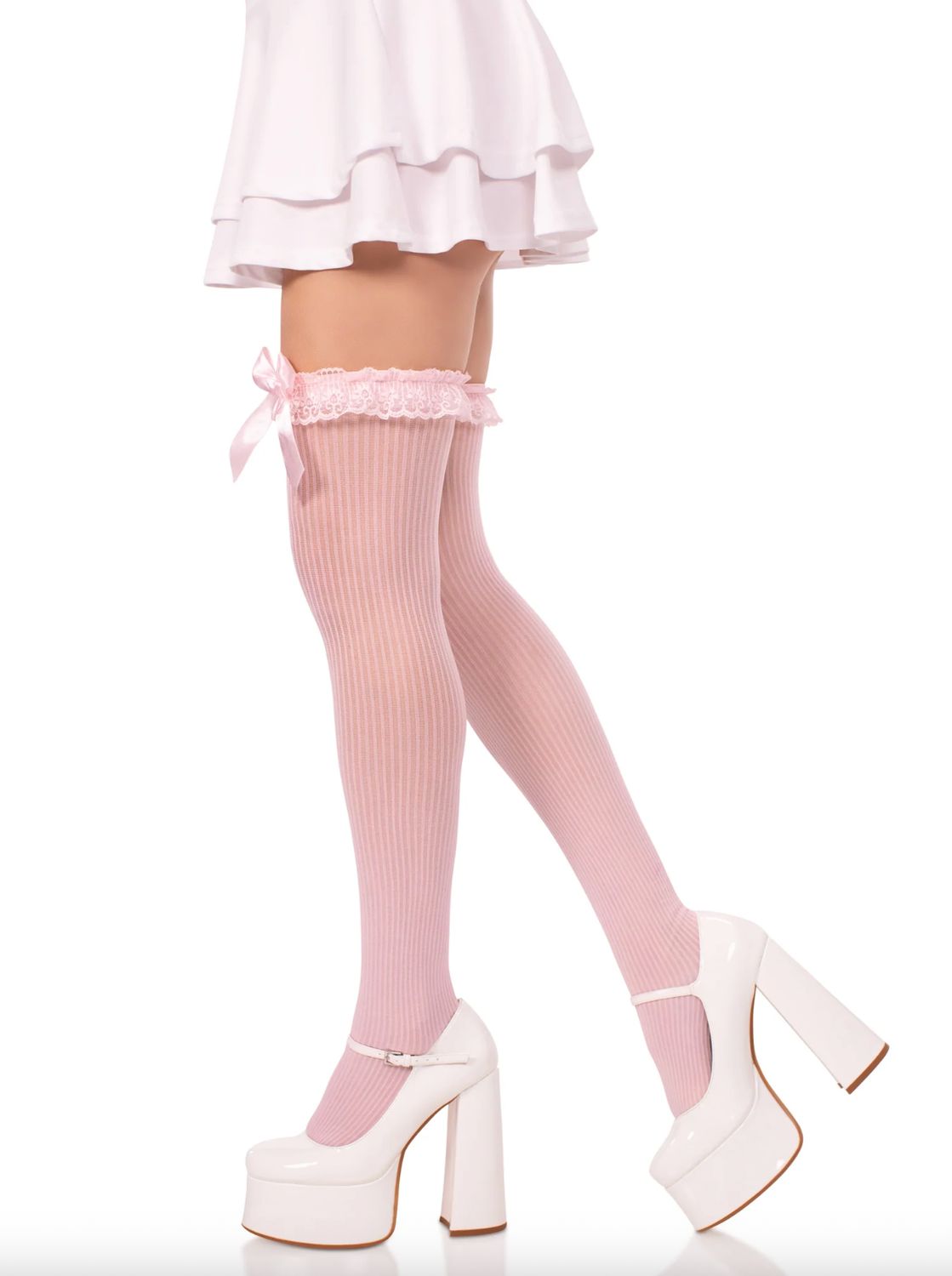 Bas Montants Rayés en Dentelle avec Jarretière et Nœud en Satin / LA6229LPK [ROSE]