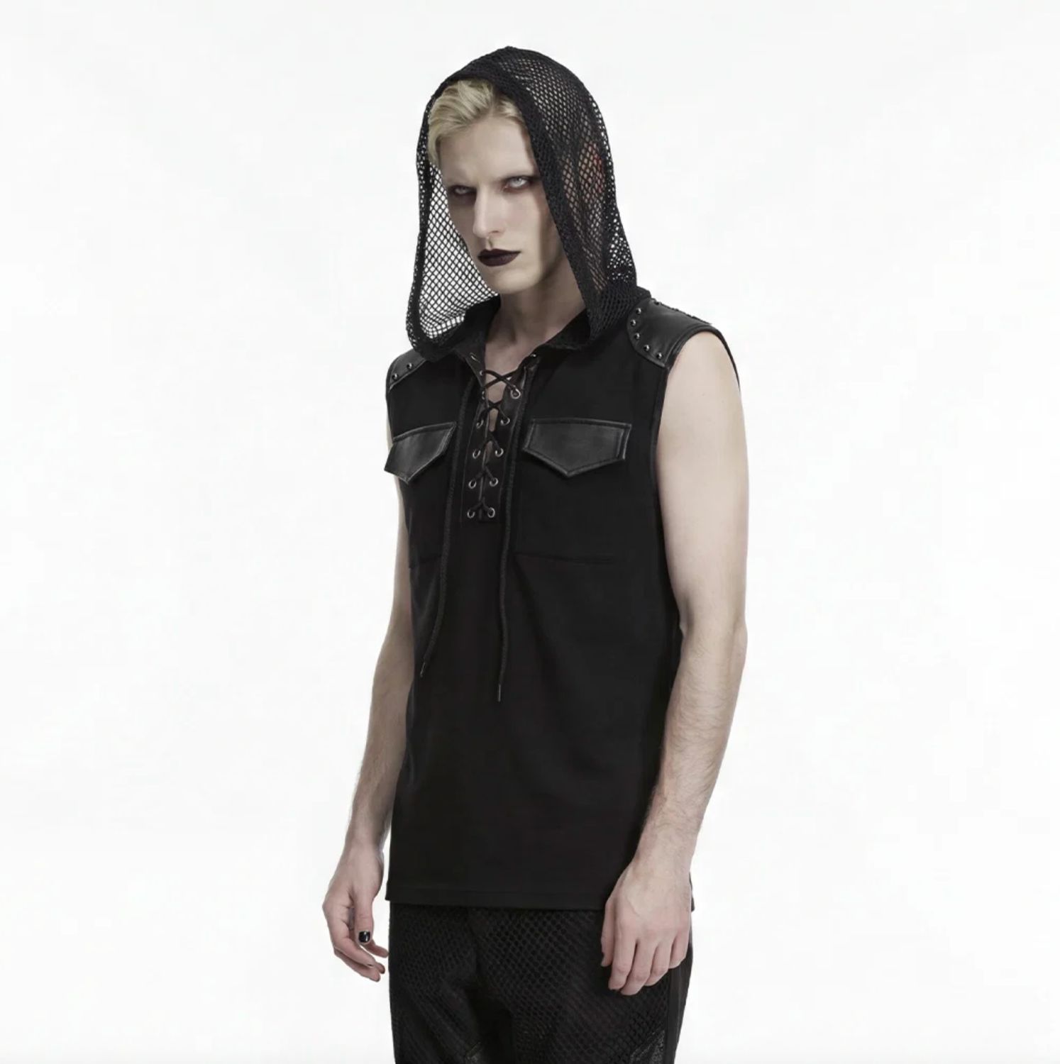 Chandail Sans Manches avec Capuche en Résille WT-1106 [NOIR]