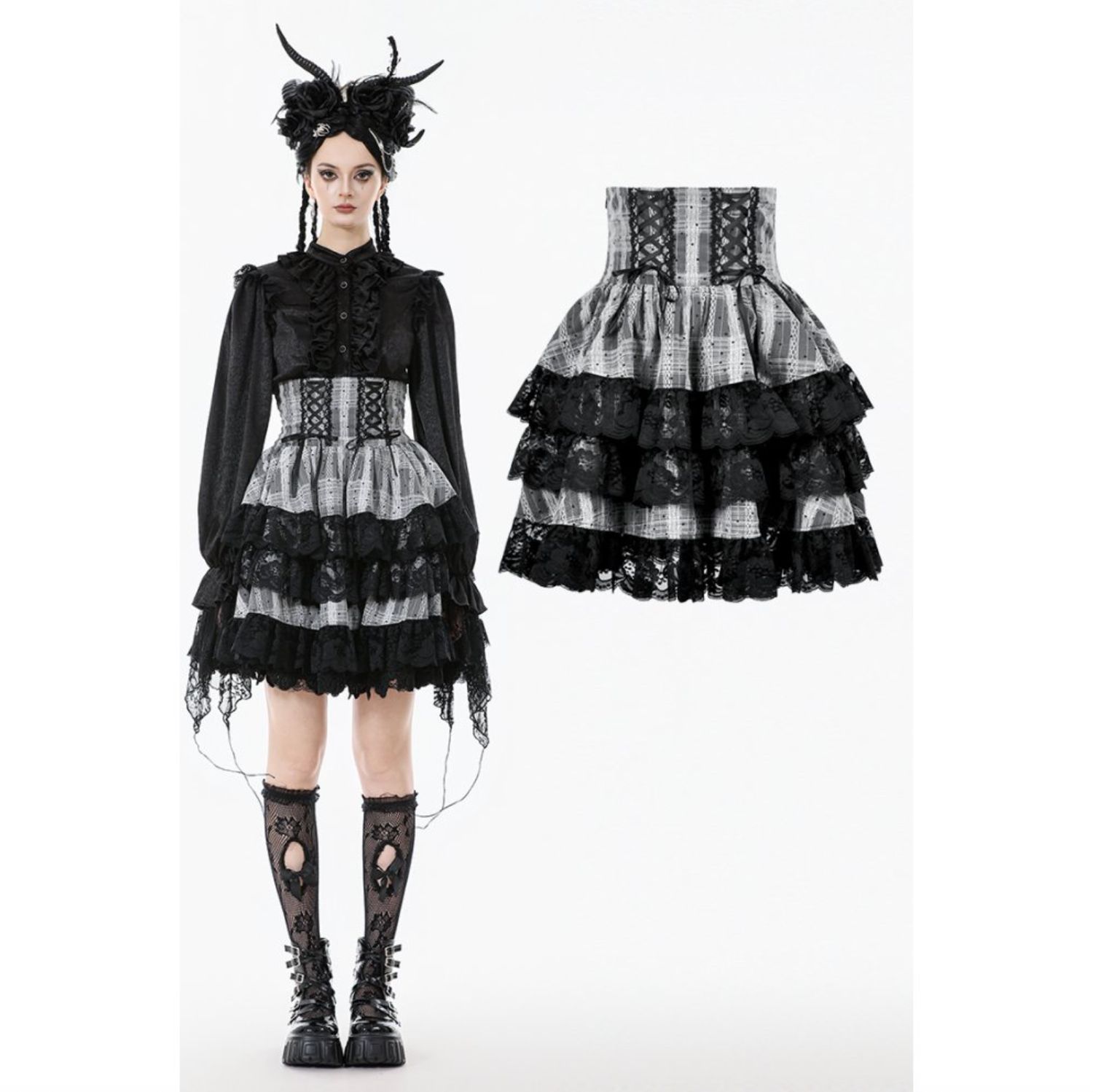 Jupe en Tartan Blanc avec Dentelle Noire KW414