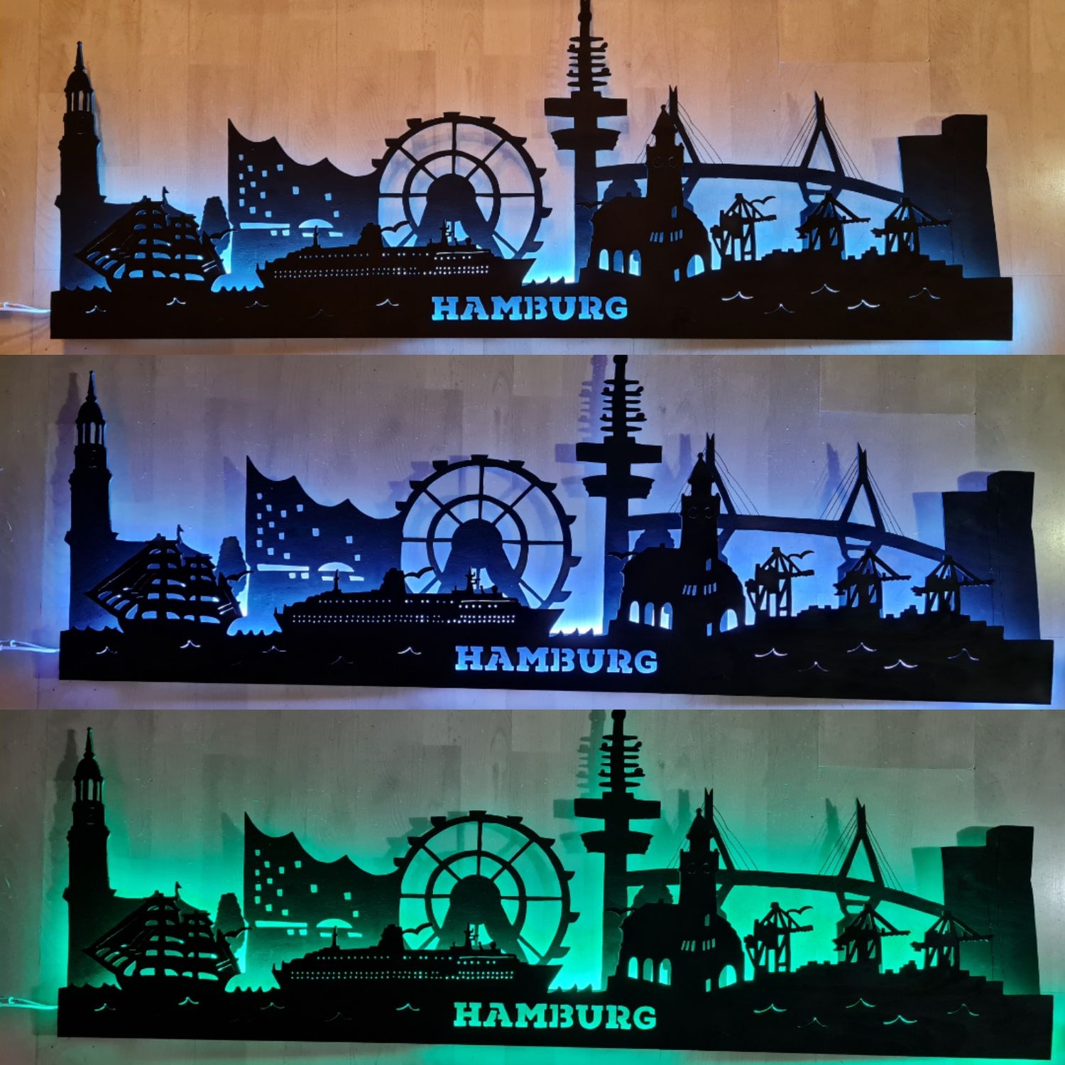 Hamburg 2 Ebenen Skyline, Wandbild, Stadtsilhouette, Lampe