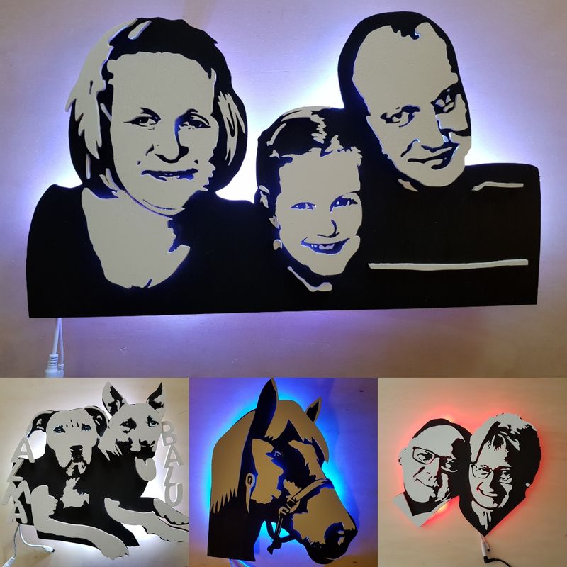 Portrait nach Fotovorlage, aus Holz, Lampe
