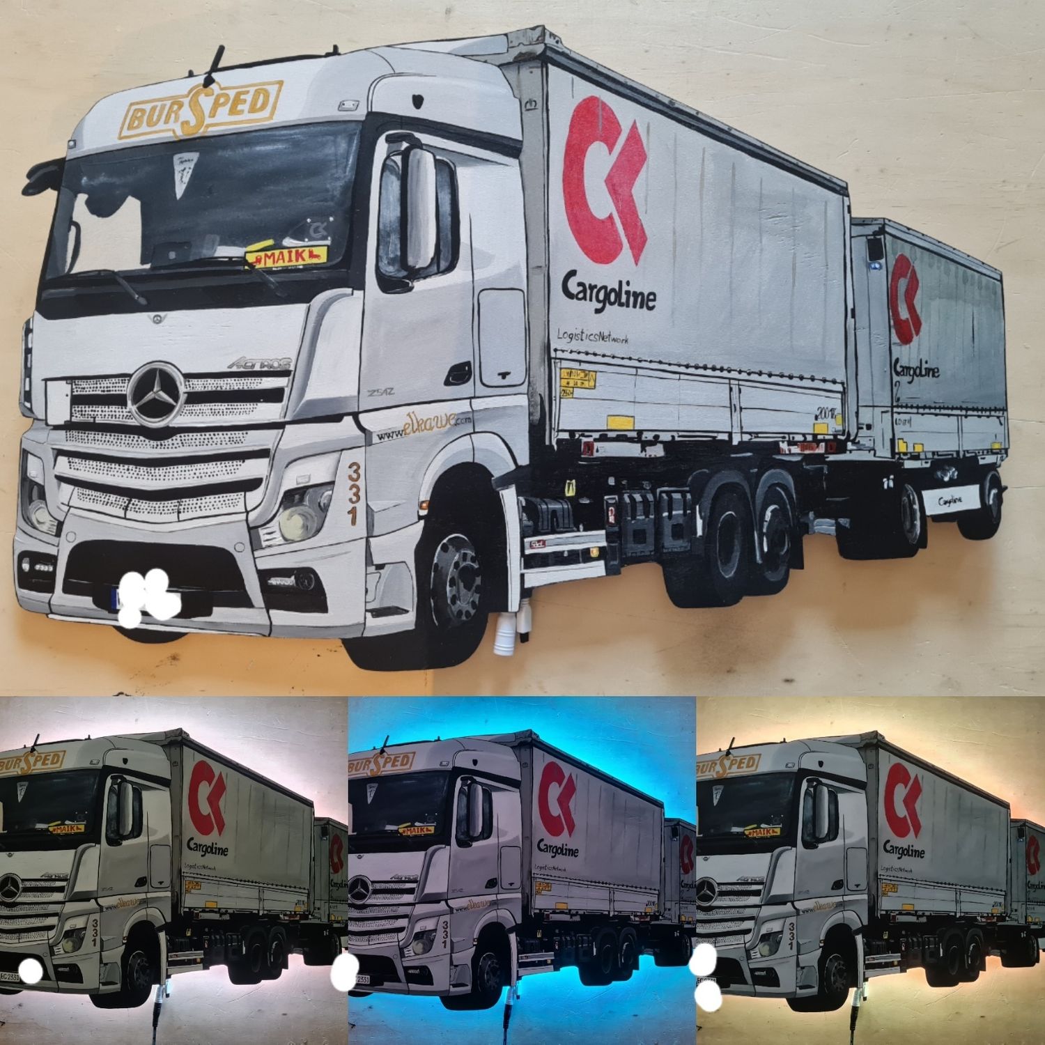 LKW/Feuerwehr/Trecker nach Fotovorlage, Acryl auf Holz, Lampe