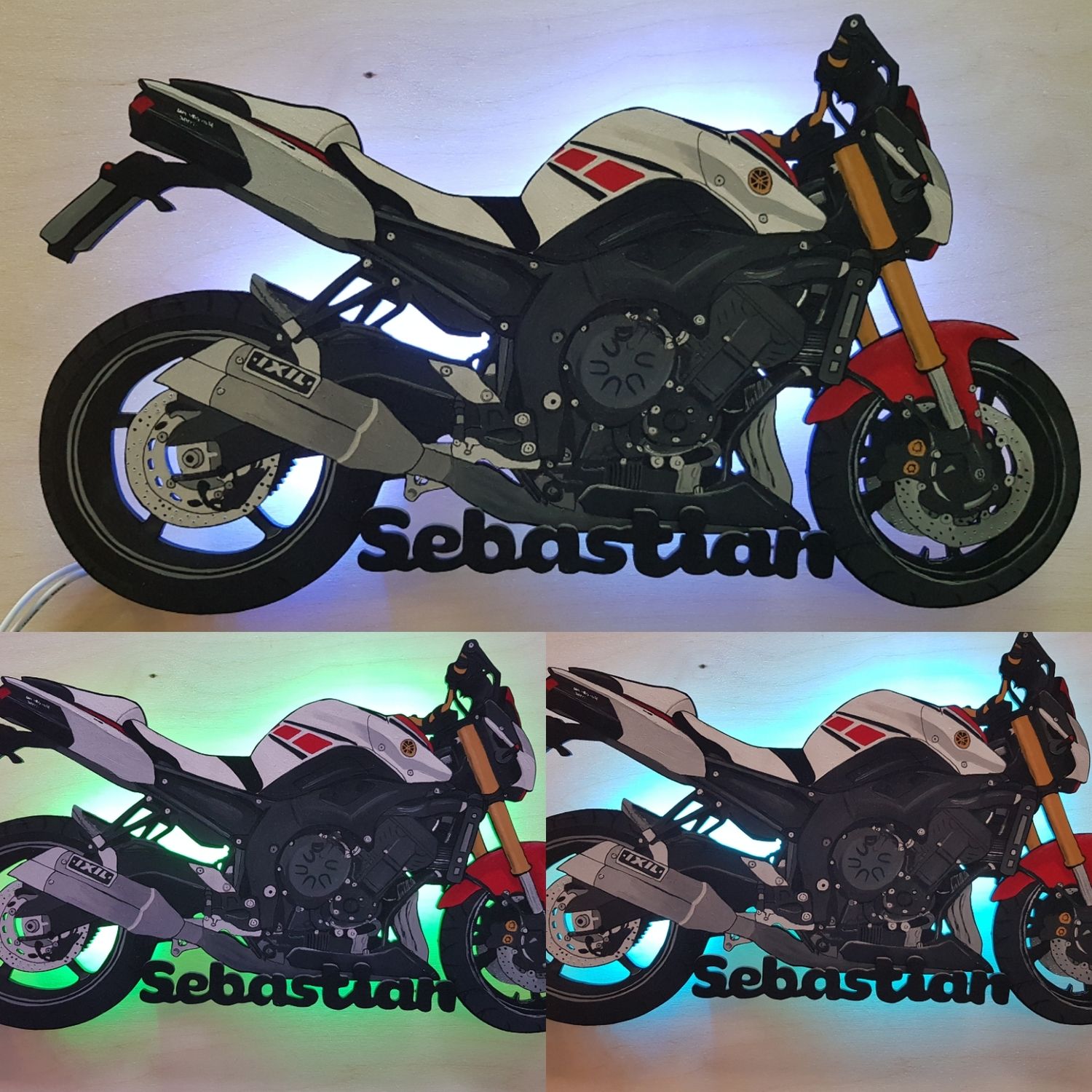 Motorrad nach Fotovorlage, Acryl auf Holz, Lampe