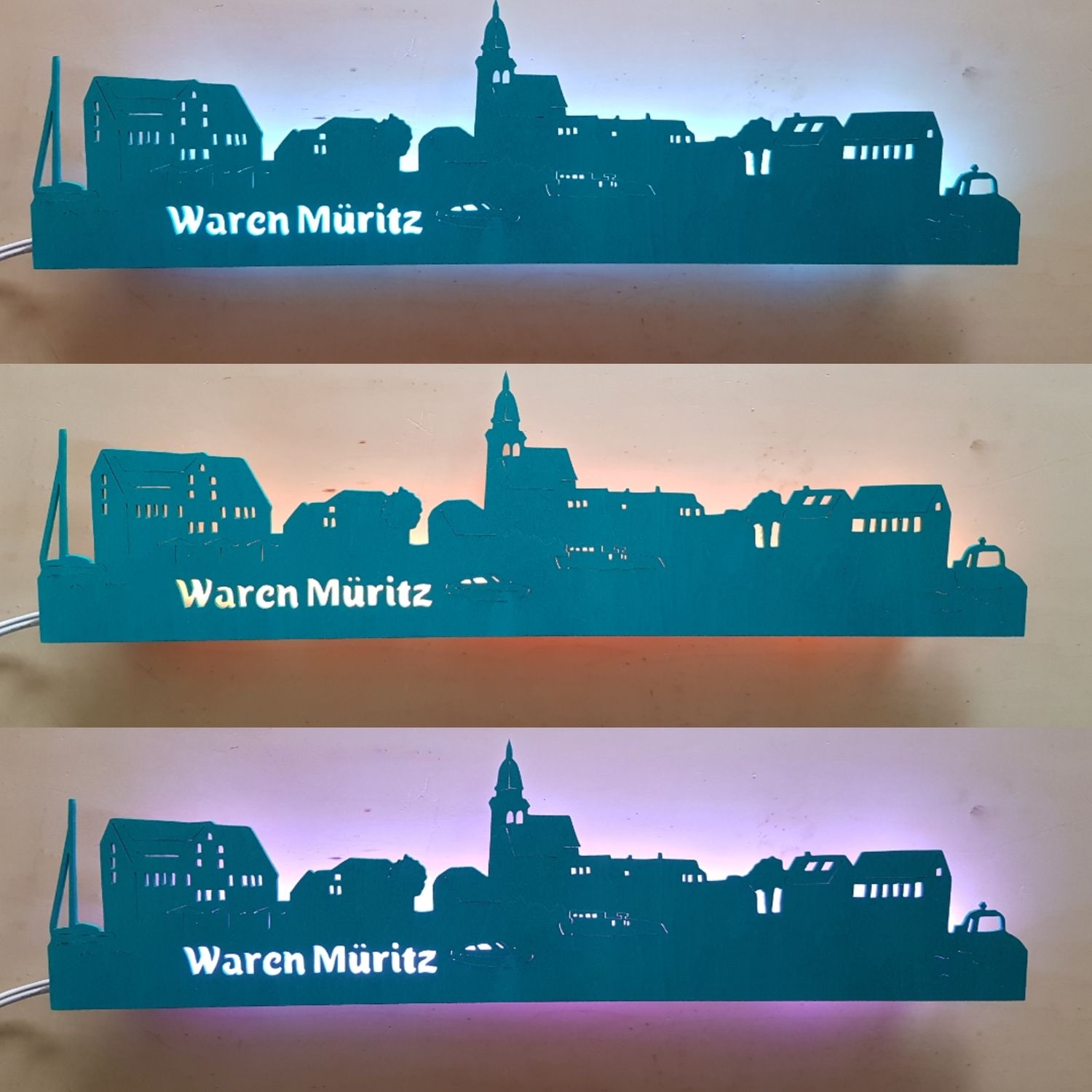 Waren Müritz, Wandbild, Stadtsilhouette, Lampe