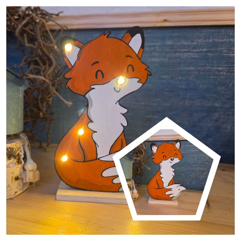 Beleuchtete Fuchs-Dekofigur aus Massivholz – LED-Aufsteller „Süßer Fuchs“