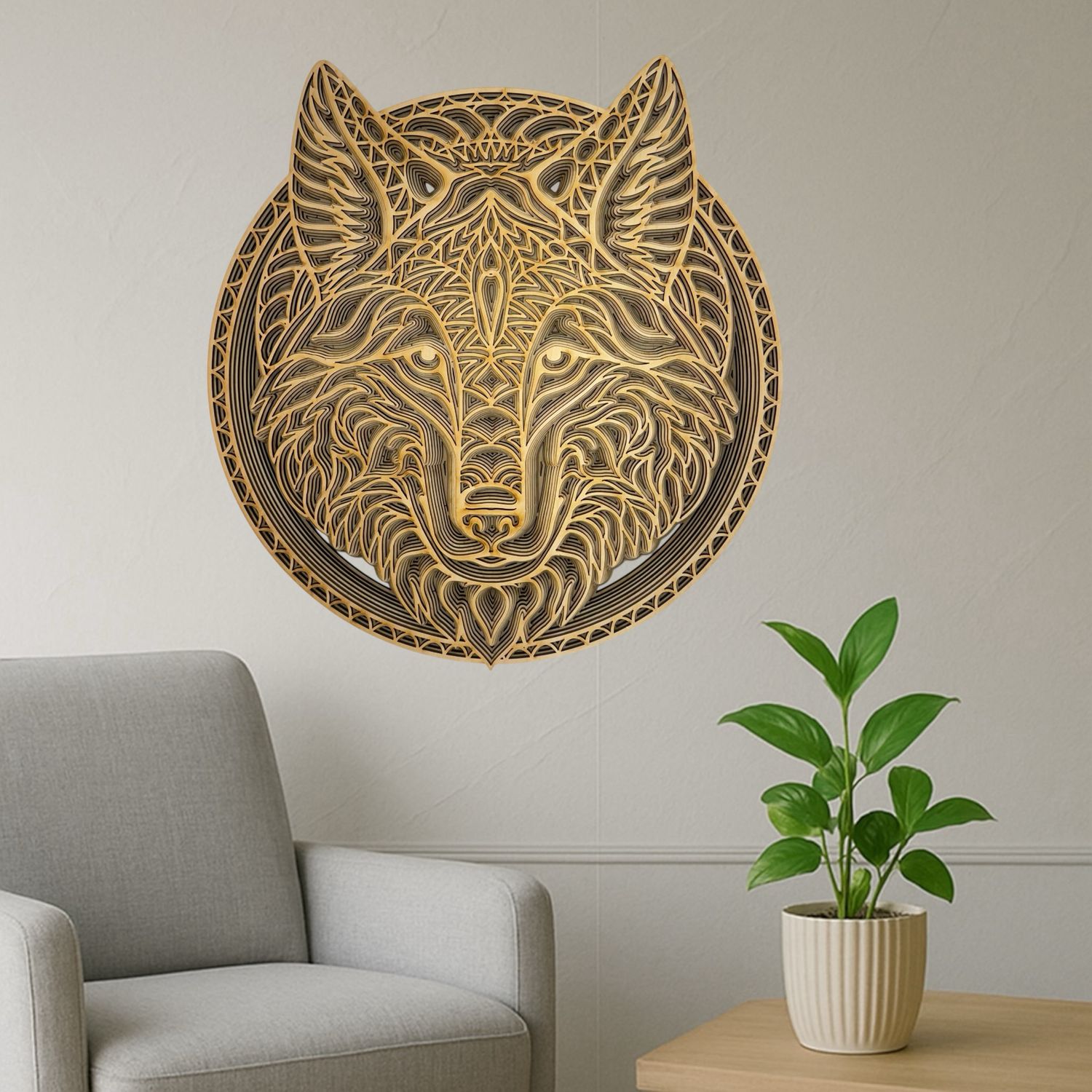 Large Wolf Layered Wood Art