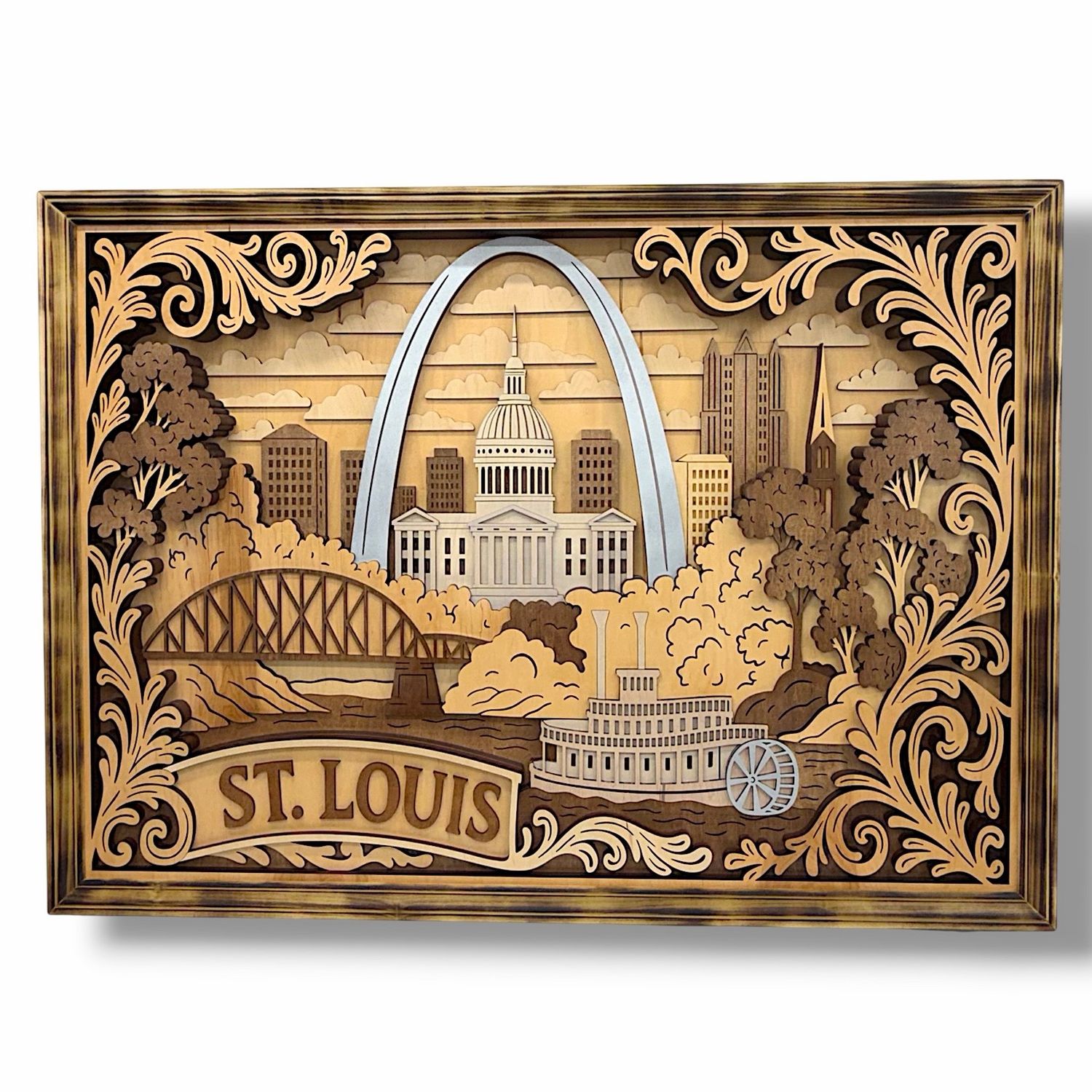 St Louis: Between River and Sky Framed Layered Wood Art