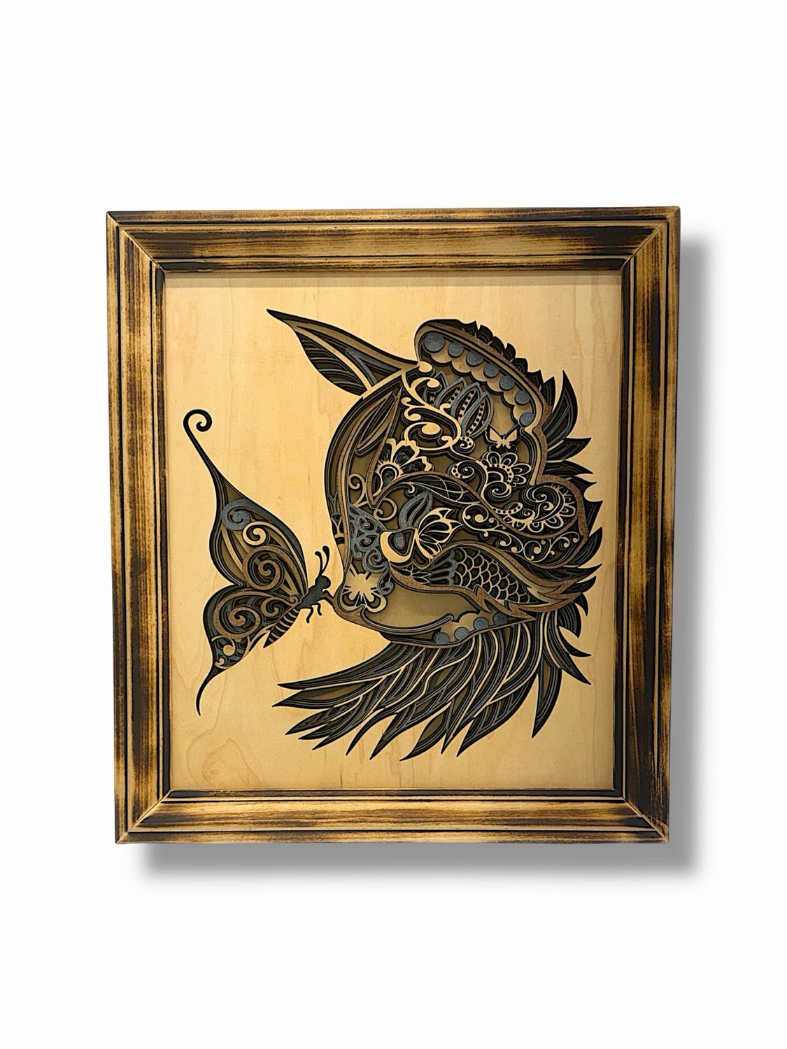 Cat & Butterfly Mandala Framed Layered Wood Art Cat & Butterfly Mandala Framed Layered Wood Art
