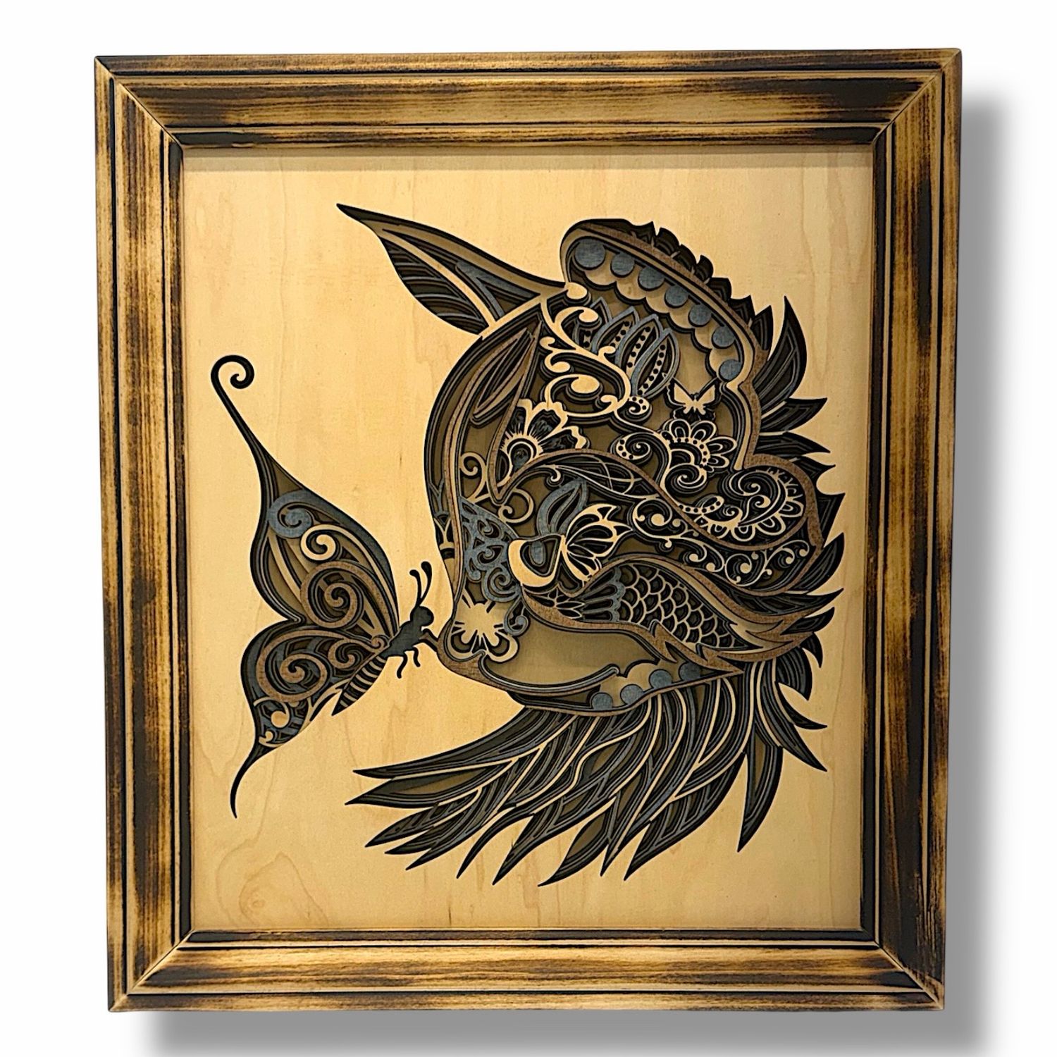 Cat &amp; Butterfly Mandala  Framed Layered Wood Art