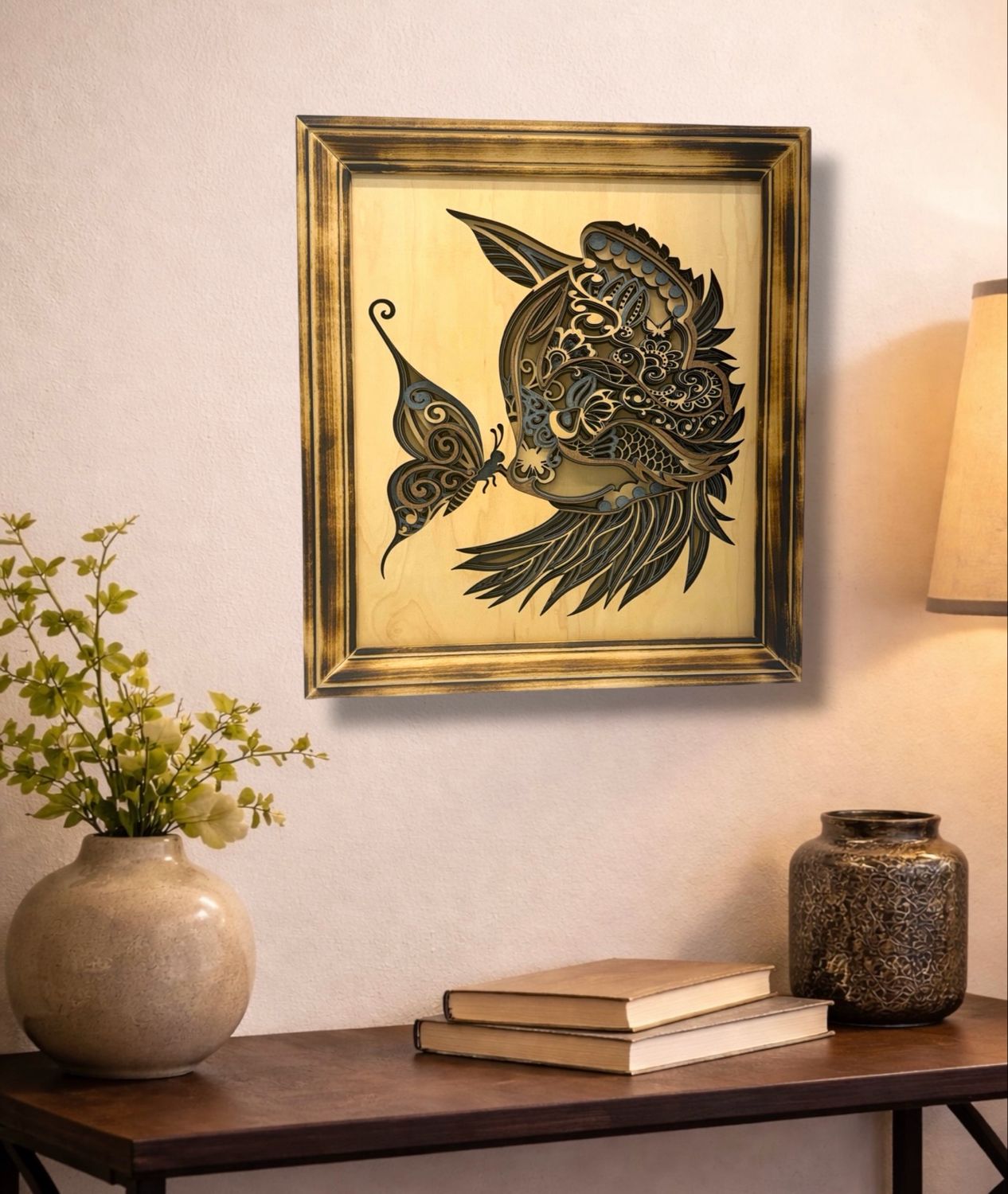 Cat &amp; Butterfly Mandala  Framed Layered Wood Art