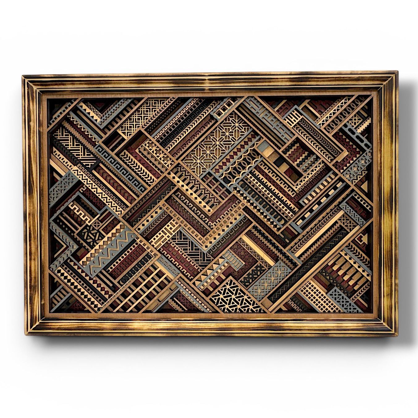 Geometric Tapestry Framed Layered Wood Art