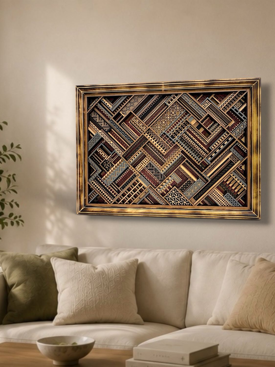 Geometric Tapestry Framed Layered Wood Art