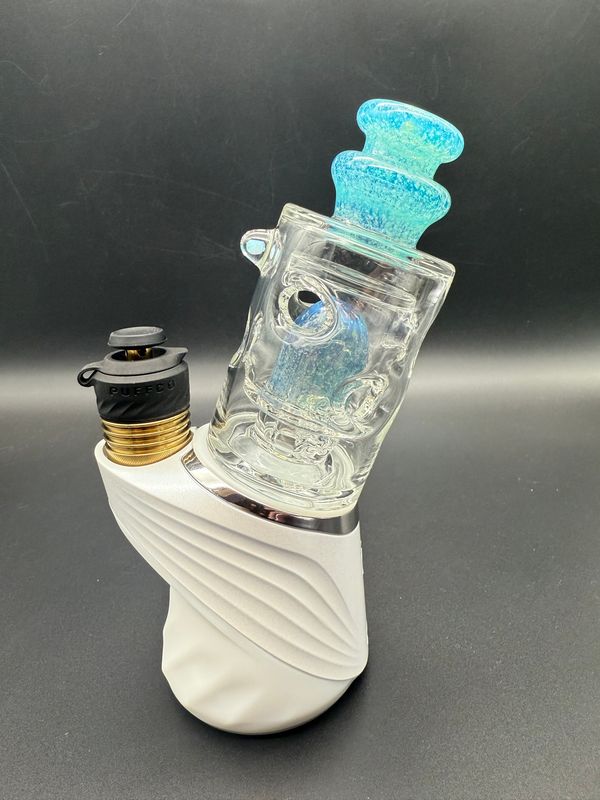 randohm glass straight fab top (Puffco)- meta-terrania + aqua glow + crushed opal