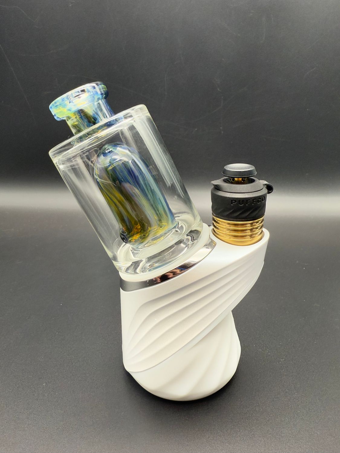 Randohm glass mini chugger top (Puffco)- Dark Amethyst &amp; Northstar yellow chaos swirl
