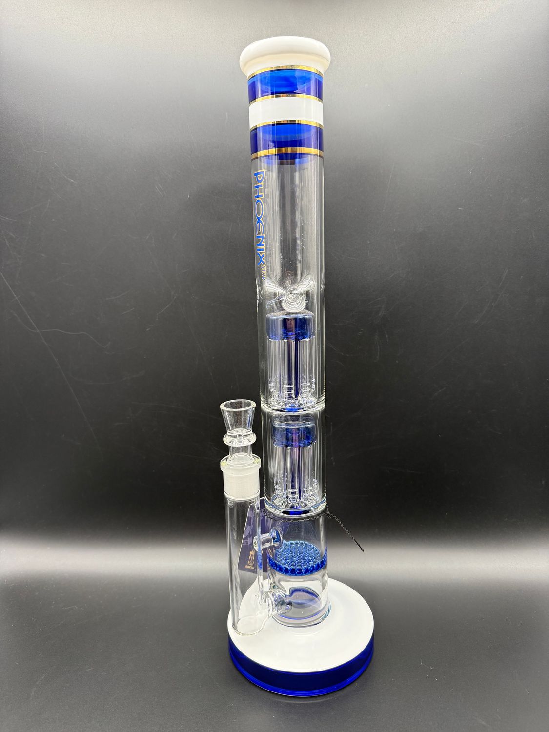 Phoenix Glass 17&quot; Double tree perc w Honeycomb Straight Waterpipe - , Color: Blue / White