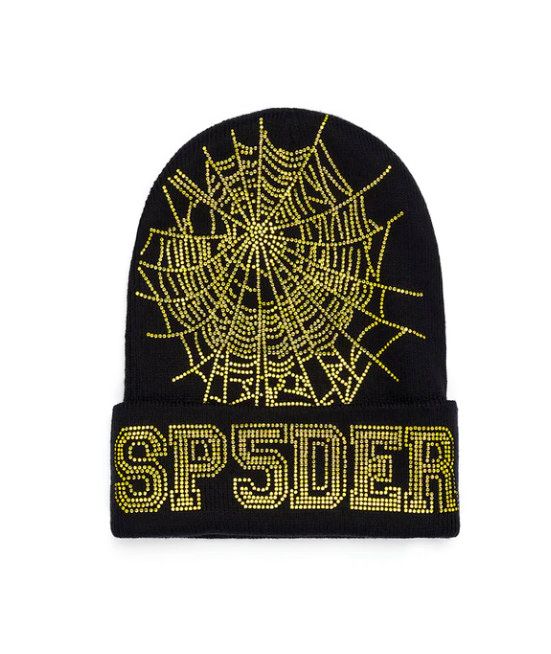 SP5DER &#39;Yellow Rhinestone Web&#39; Beanie Hat, Color: Black