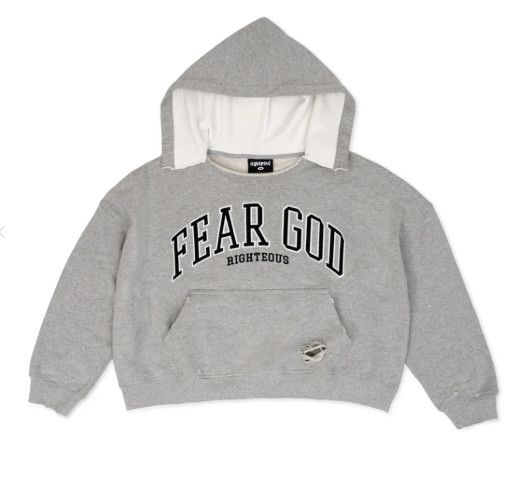 We Are Righteous &#39;Fear God&#39; Cropped Hoodie Grey