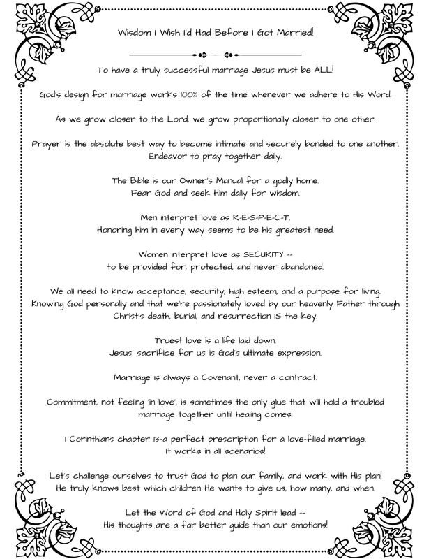 Black embellished frame around 14 Biblical maxims of a good marriage on a white background.