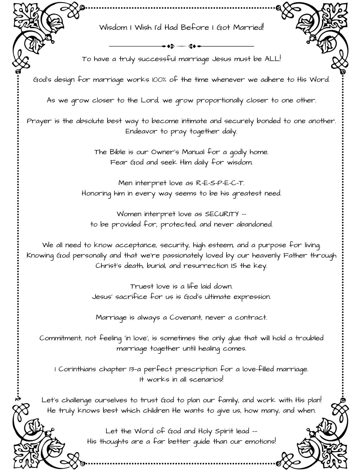 Black embellished frame around 14 Biblical maxims of a good marriage on a white background.