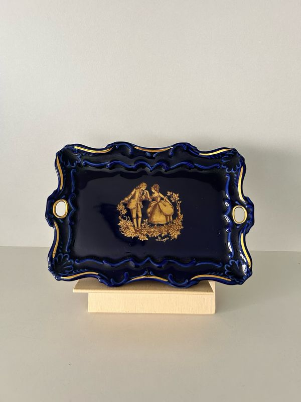 LIMOGES FRANCIA VERITABLE PORCELANA DE ARTE PEQUEÑA BANDEJA PARA AGUJEROS AZUL COBALTO