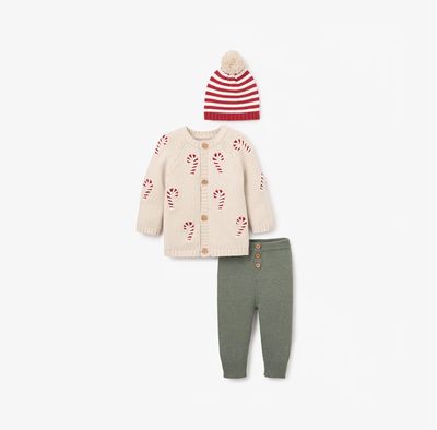 Candycane Knit Cardigan, Pants, &amp; Hat Set