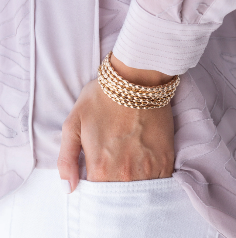 Enewton Harmony Gold bracelet with polished gold beads, waterproof everyday jewelry at our Poughkeepsie, NY boutique.