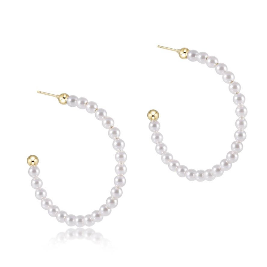 Beaded  Gemstone 1.25&quot; Post Hoop 3mm Pearl Earrings