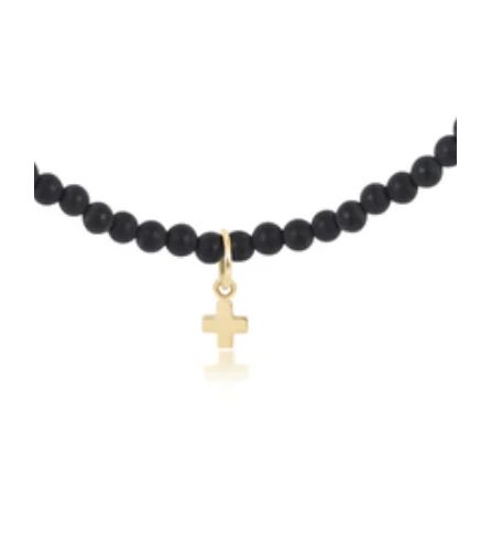 Extends 3mm Gemstone Bead Bracelet Signature Cross Small Gold Charm, Color: Matte Onyx