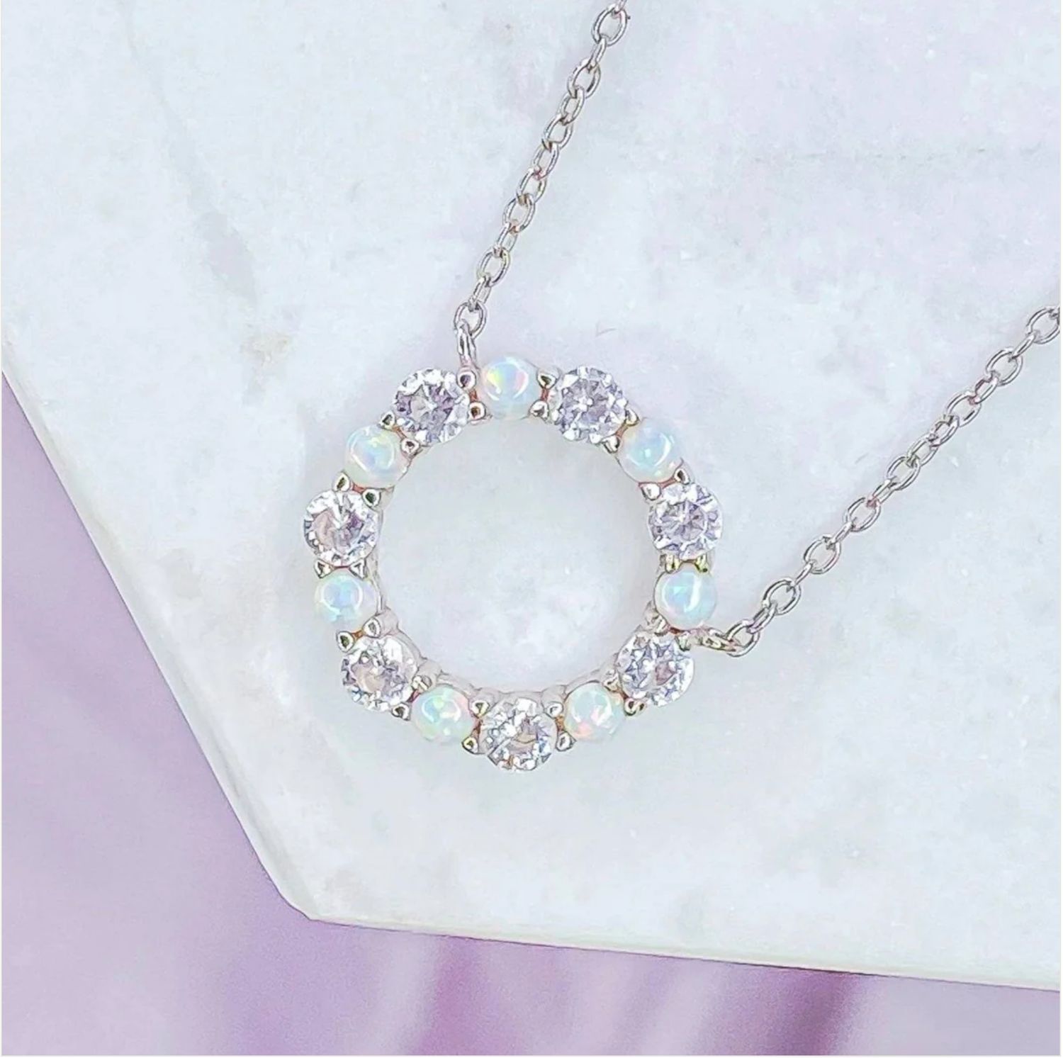 14k Gold Infinity Necklace in White Opal