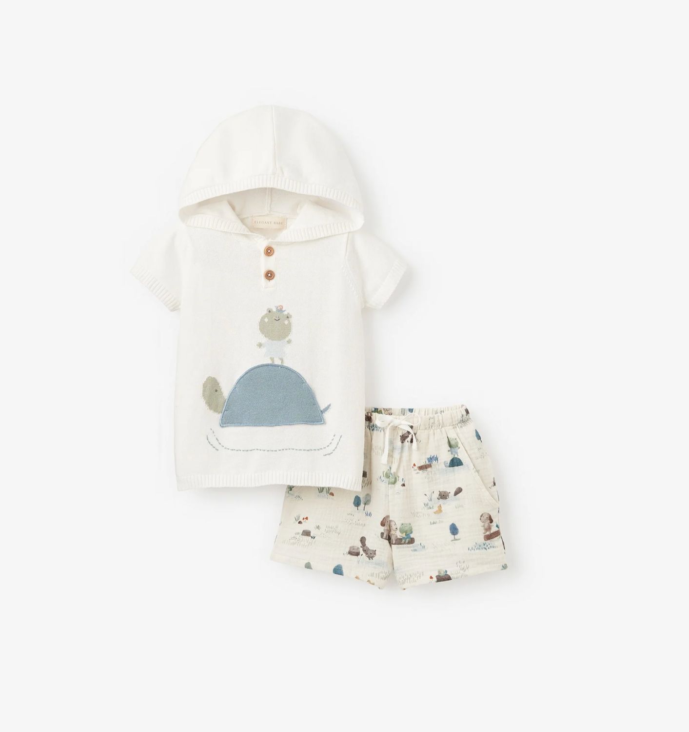 9-12m Pond Friends Knit Hooded Pullover with Turtle Pocket &amp; Organic Muslin Shorts