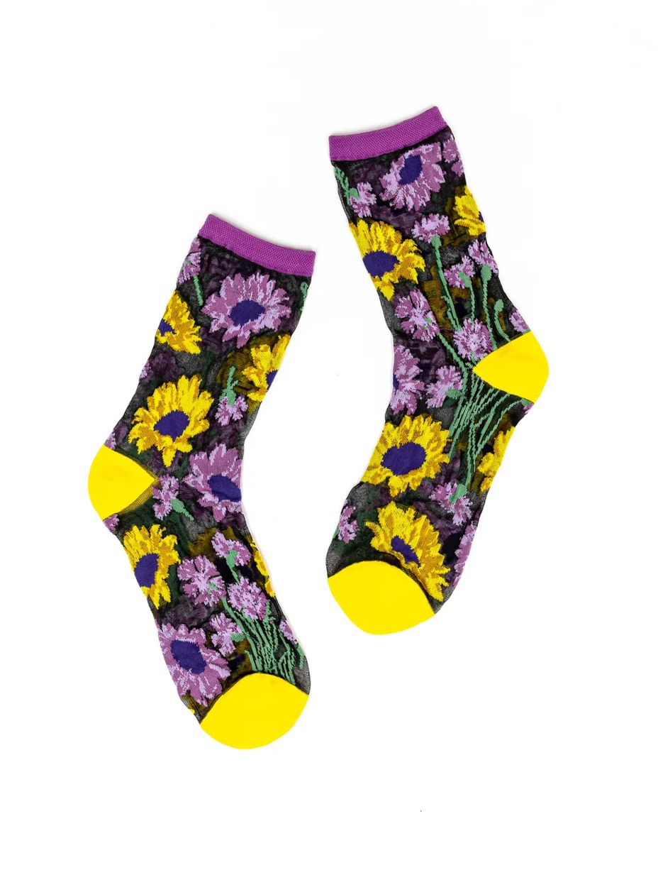 Mixed Sunflowers Black Sheer Crew Sock