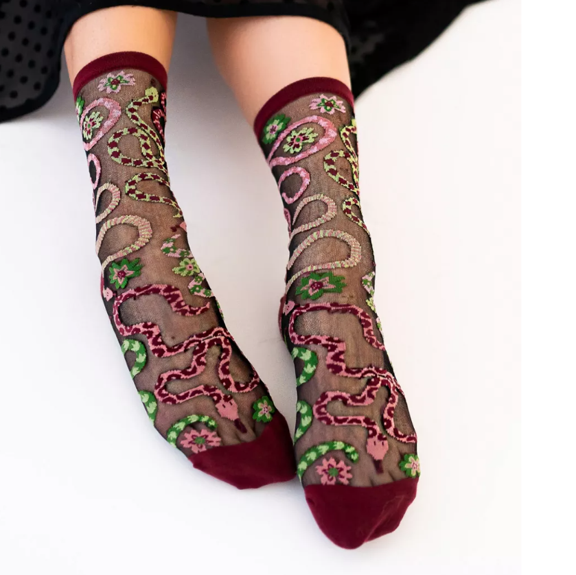 Serpentine Floral Black Sheer Crew Sock