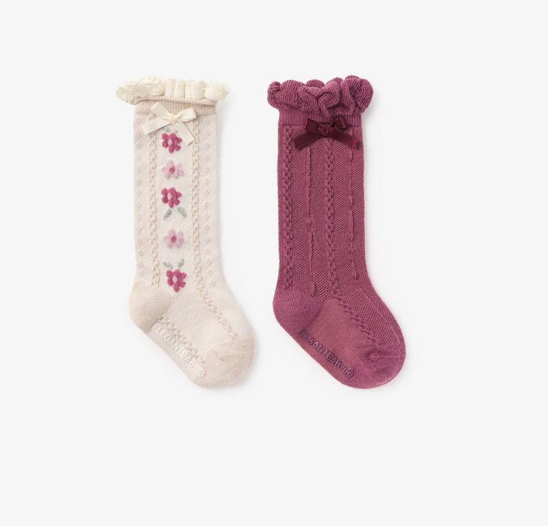 Dark Violet Floral Knee High Non Slip Baby Socks 2 Pack