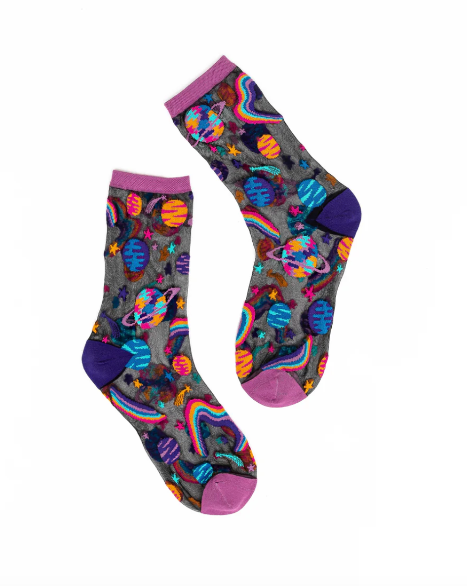 Pop Art Planets Black Sheer Crew Sock