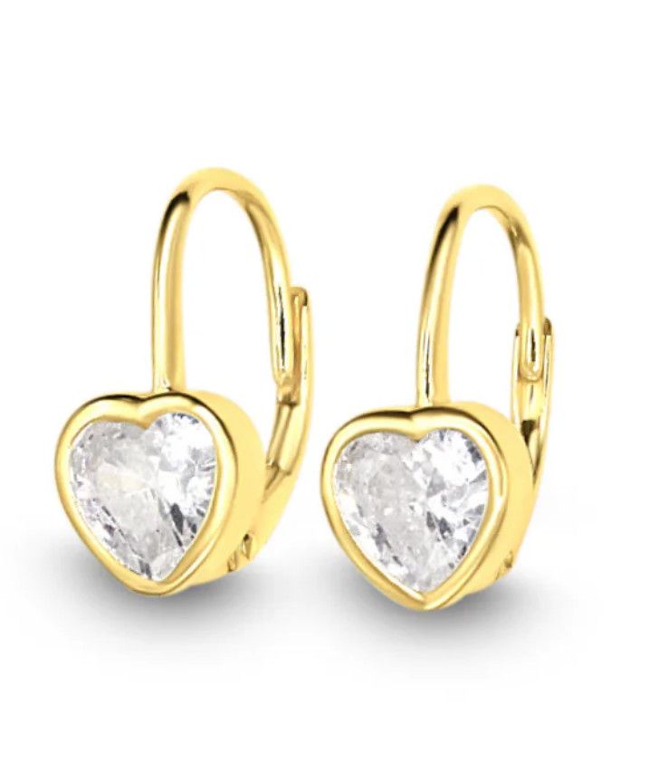 Gold Heart Leverback Earrings in White CZ