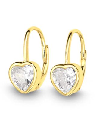 Gold Heart Leverback Earrings in White CZ