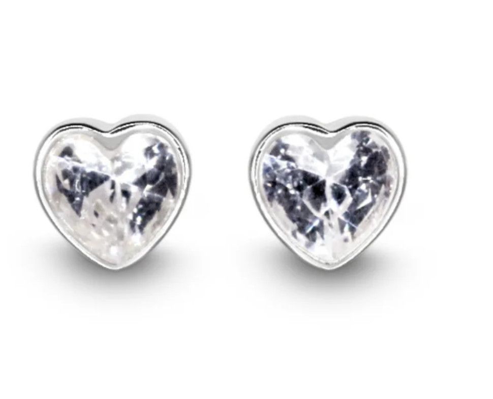 Silver White CZ Heart Studs