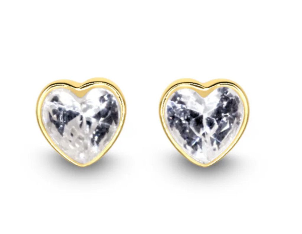 Gold White CZ Heart Studs