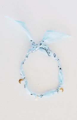 Violet Aqua Bandana Necklace with Gold Charms Moon and Peace Signs