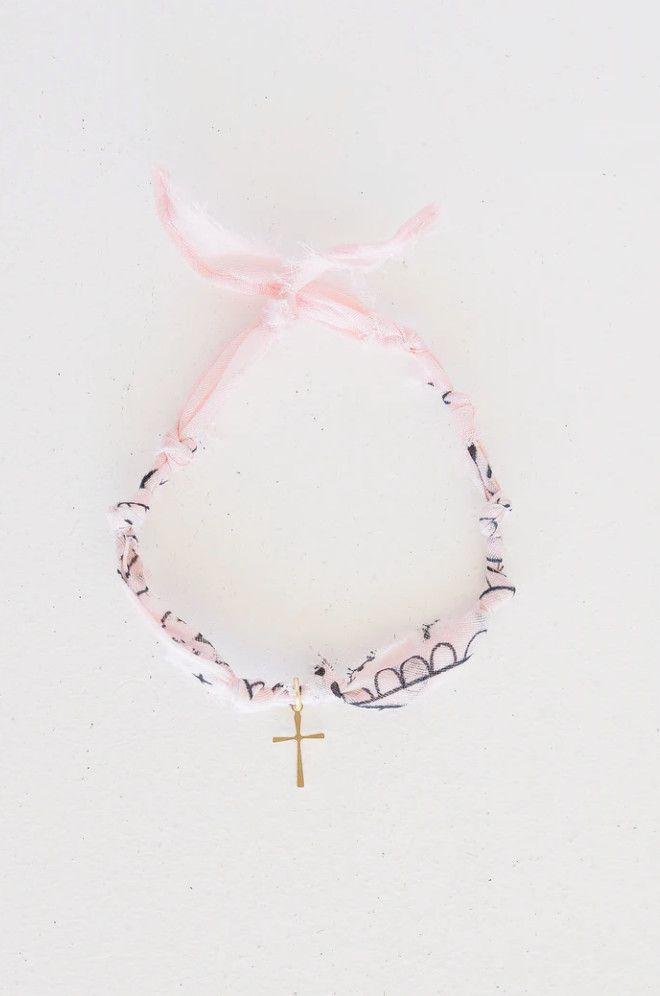 Jenna Pink Bandana Bracelet with Gold Cross Charm